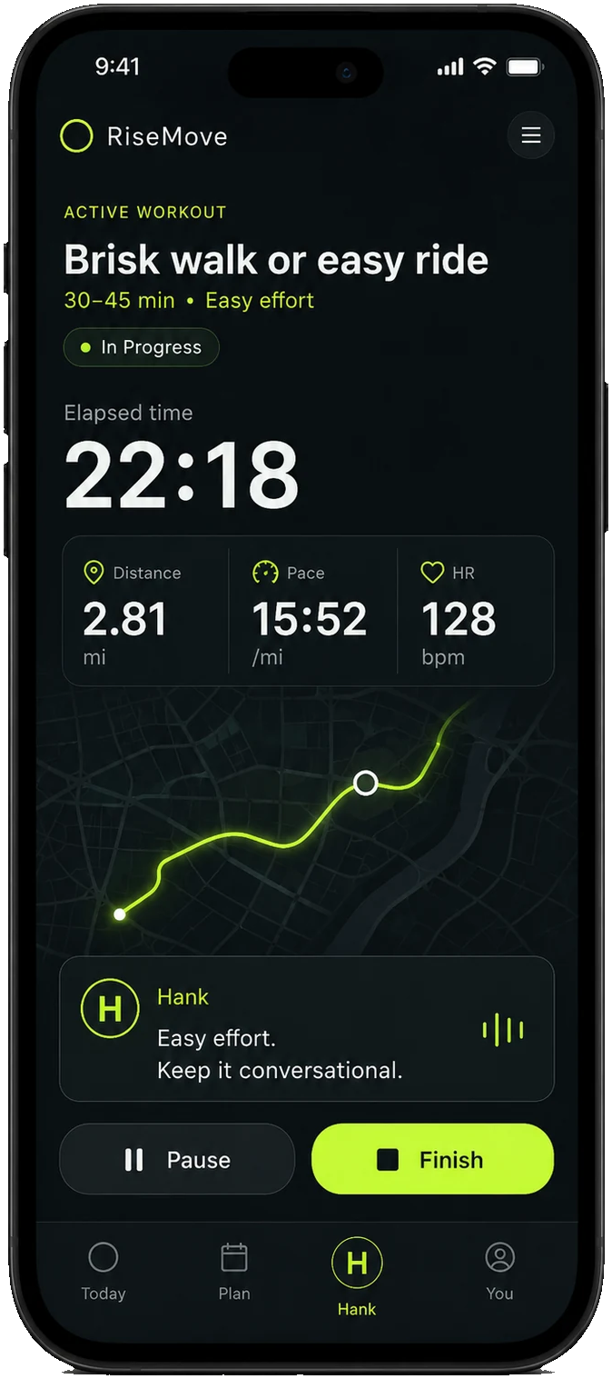 Active workout screen with Hank coaching during movement