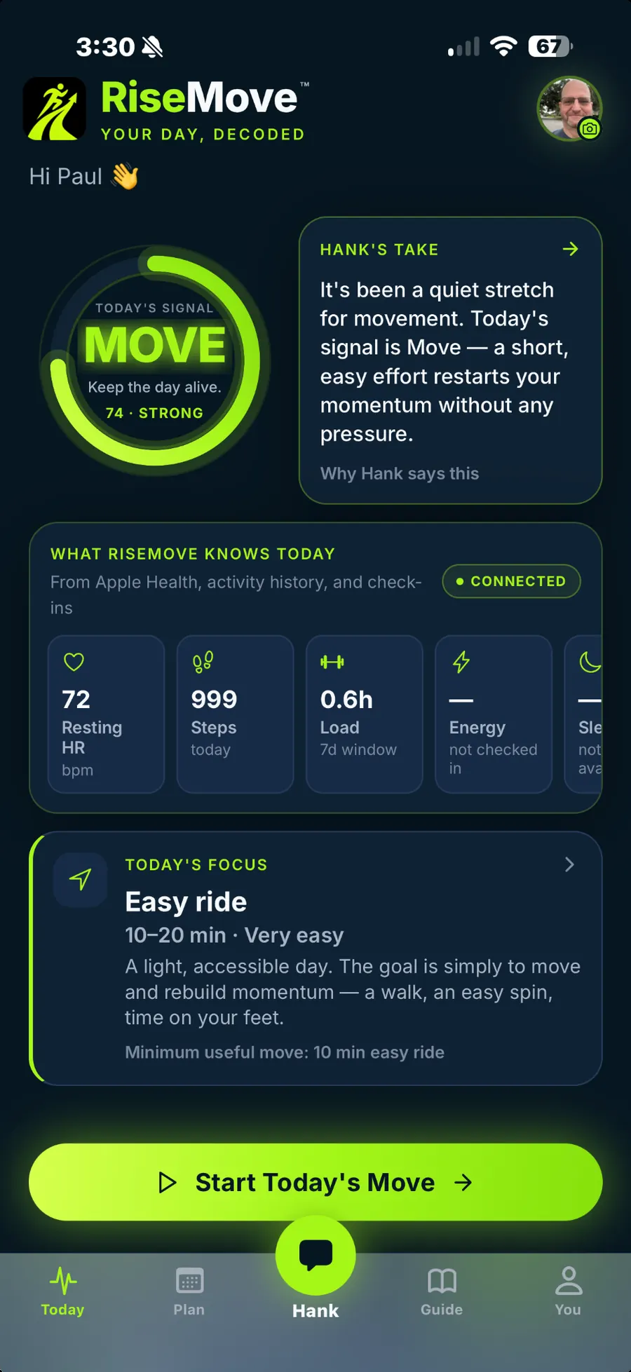 RiseMove 1.2.1 on iPhone beside wearable workout statistics and connected health sources