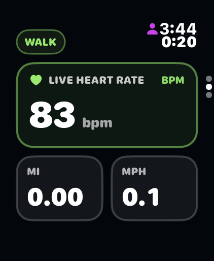 Actual RiseMove Apple Watch live workout screen showing live heart rate and workout metrics