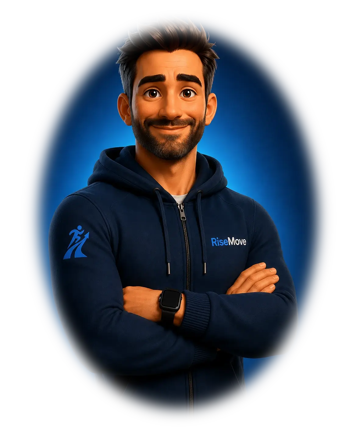 Hank, RiseMove’s approved AI movement coach, wearing his navy RiseMove hoodie