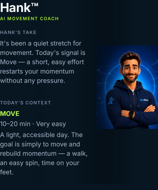 Current Hank AI movement coach screen explaining today’s Move Signal