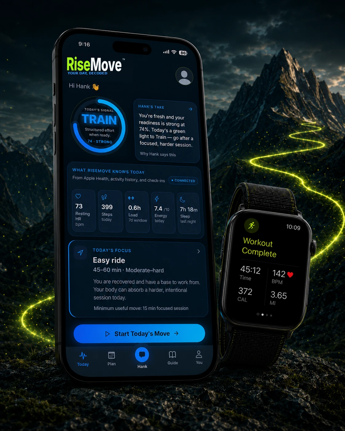 RiseMove TRAIN Daily Signal shown on an iPhone beside Apple Watch workout metrics in a cinematic mountain setting
