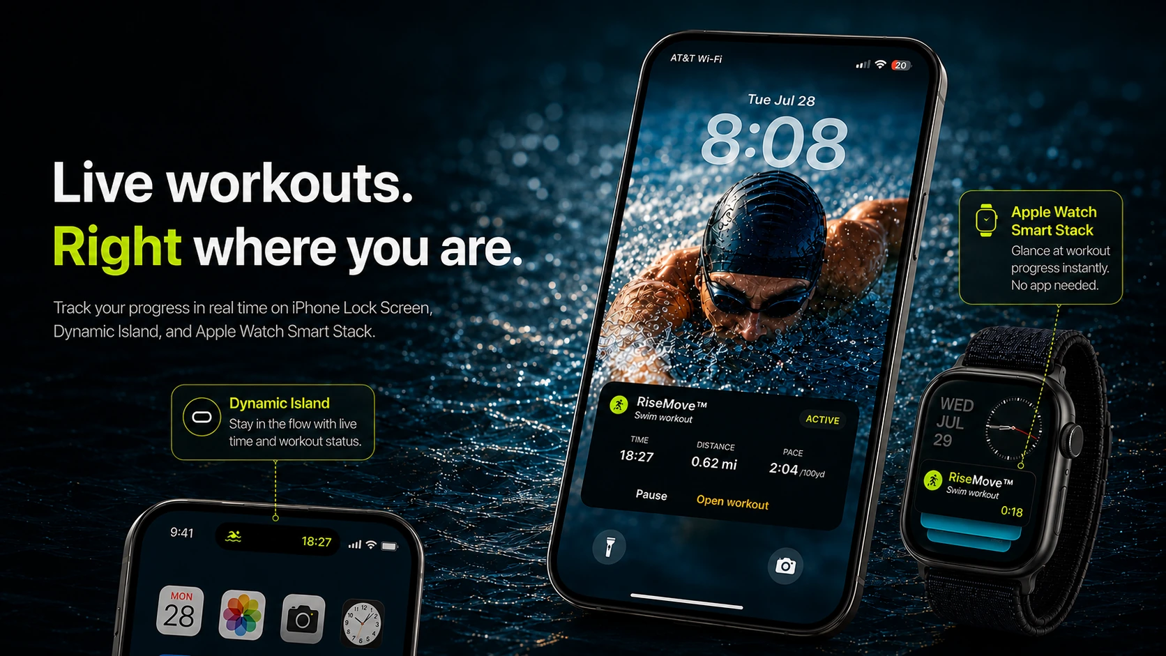 RiseMove 1.2.2 live workout progress on iPhone Lock Screen, Dynamic Island, and Apple Watch Smart Stack