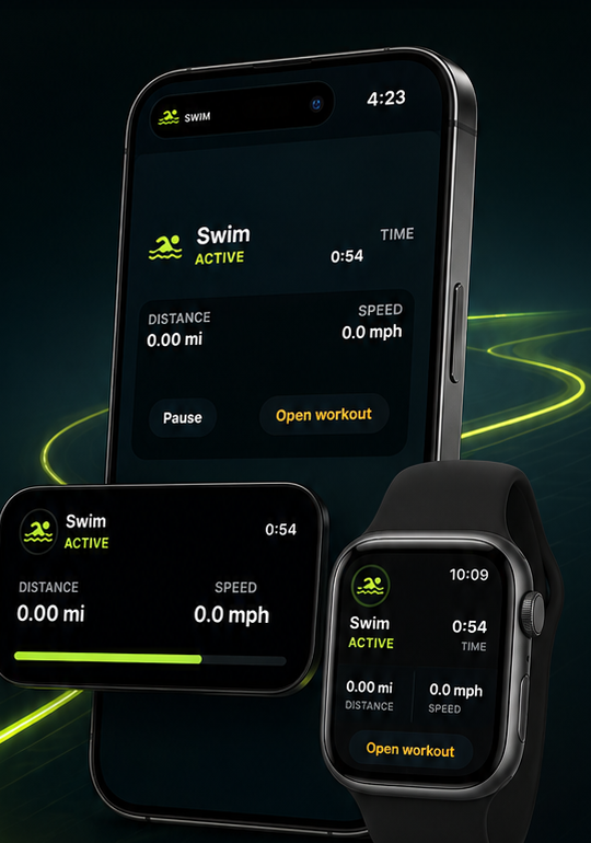 RiseMove live workout progress shown on iPhone, Live Activity, and Apple Watch