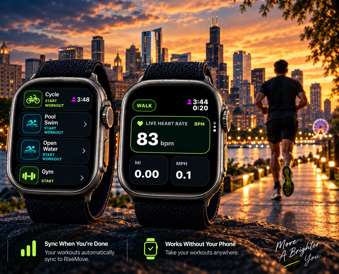 Two Apple Watches showing RiseMove workout screens beside a runner at sunset