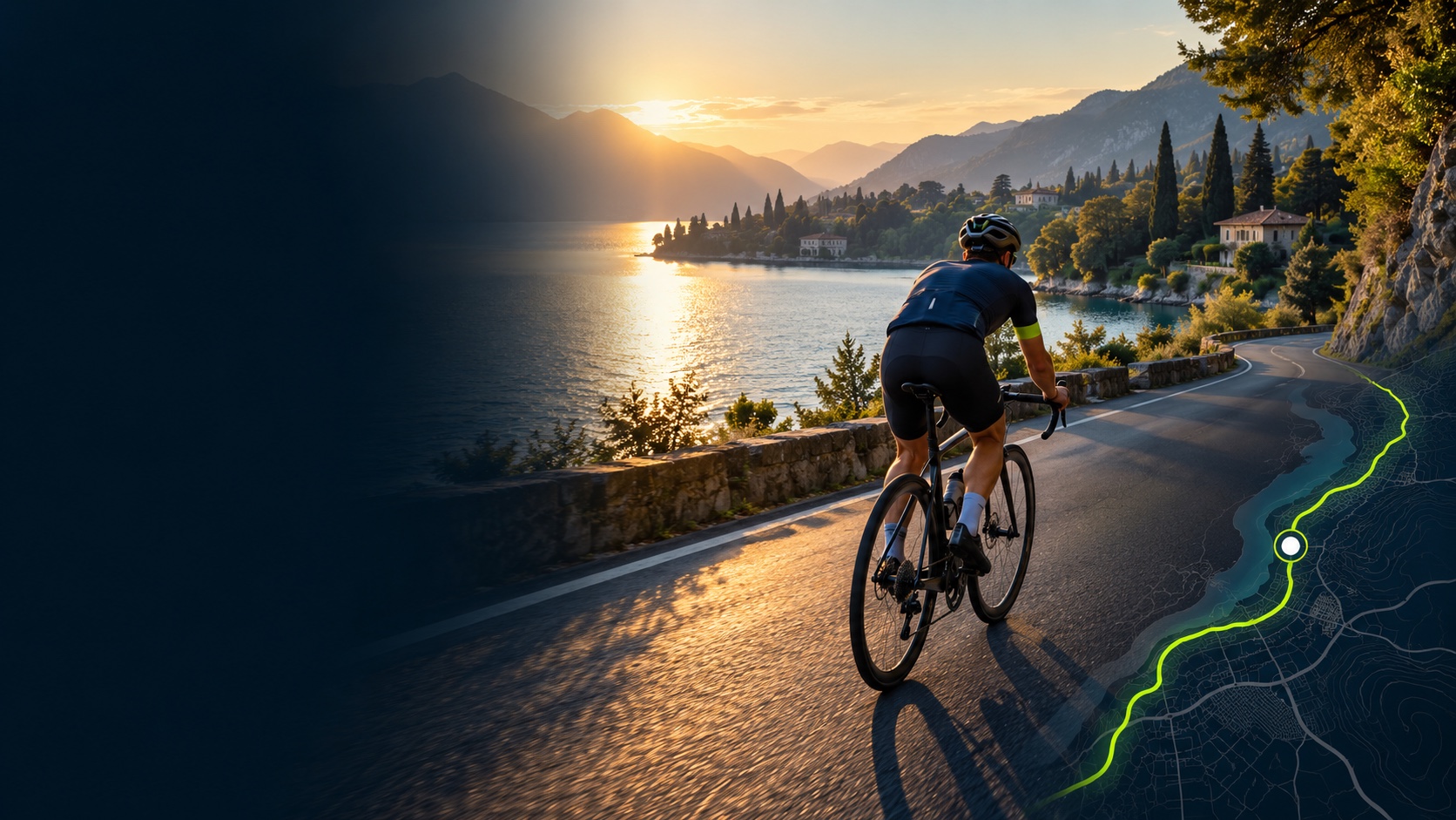 Helmeted cyclist riding beside a lake at sunrise, with an illustrated live route