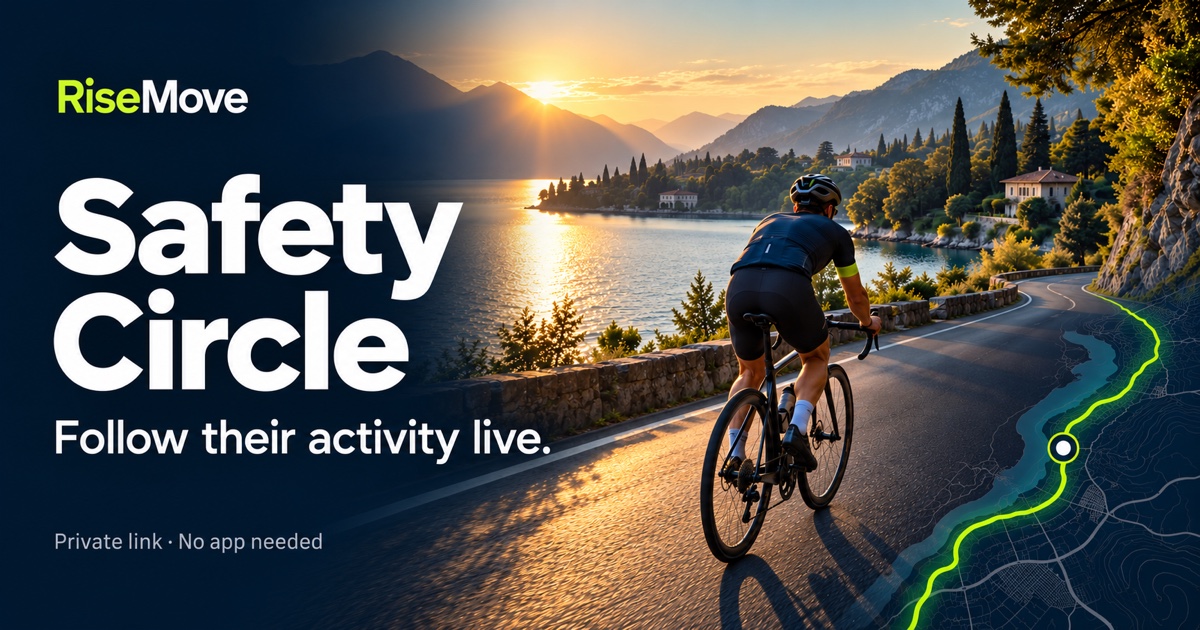 Cyclist beside a lake at sunset with a protected route visualization