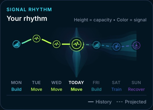 RiseMove seven-day Signal Rhythm with Move, Build, Train, and Recover days