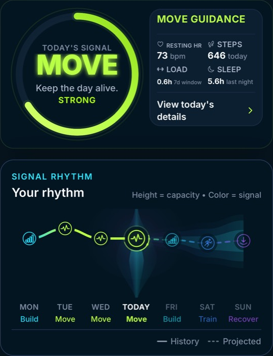 Current RiseMove Today screen with the Move Daily Signal and Signal Rhythm