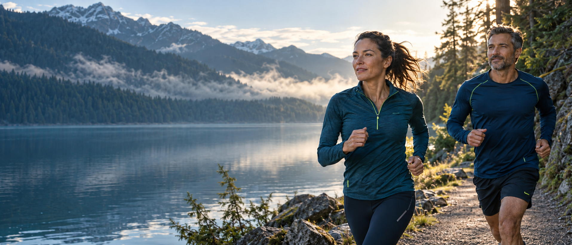 Two runners on a trail beside a mountain lake at dawn